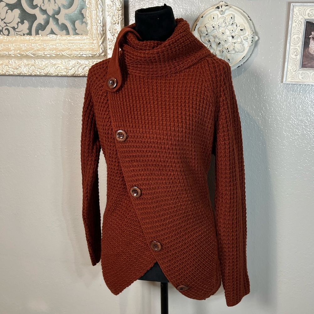 Zenana Rust Asymmetric Button Turtleneck Sweater